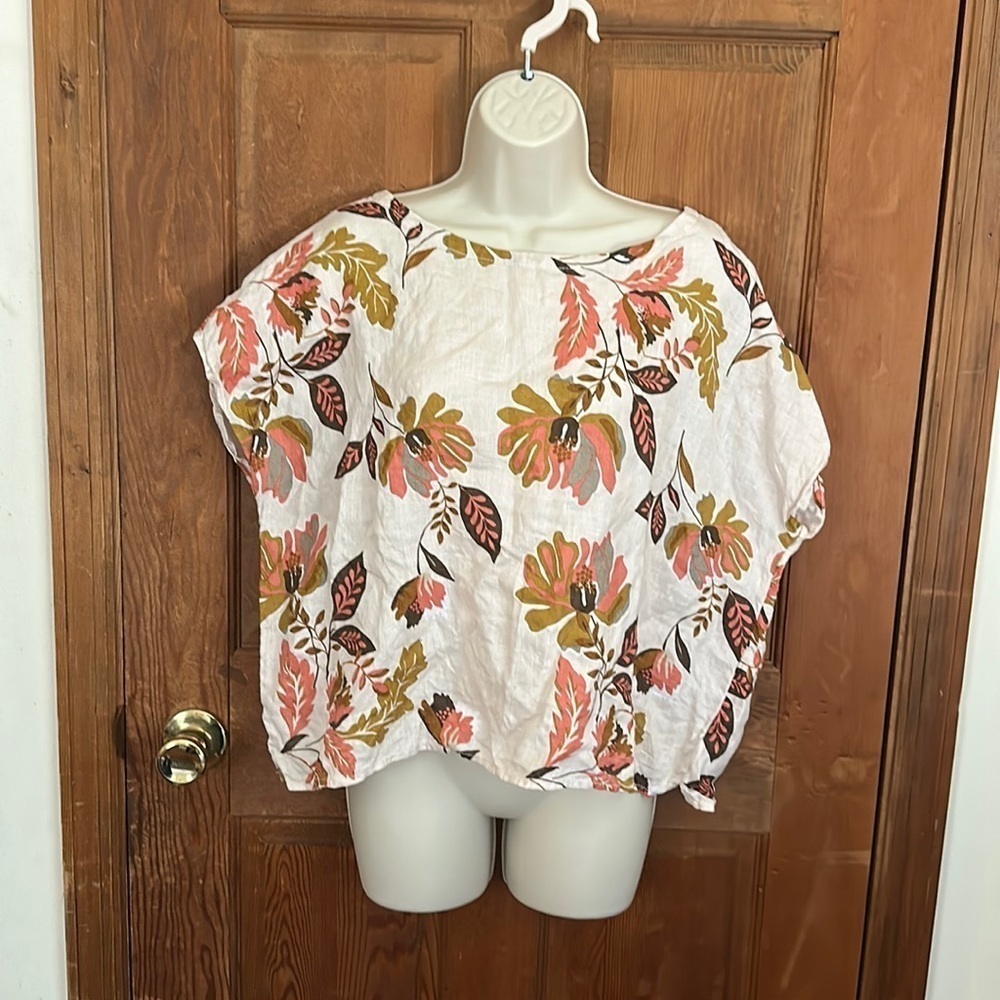 Rachel Zoe Button Back Floral Print Boxy Cut 100% Linen Top Size Medium